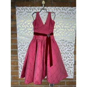 Elena do Vale Vintage Pink Quilted Silk Dress Velvet Bow Brooch Coquette 50s
